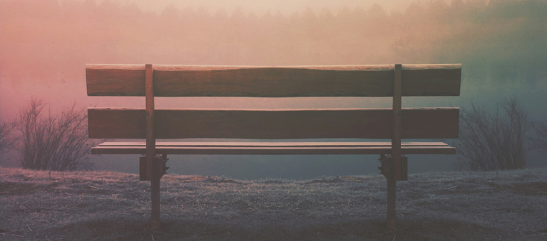 A bench sits before a peaceful scene.