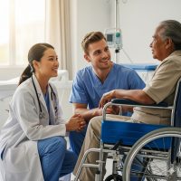 doctor and nurse listening to elderly patient